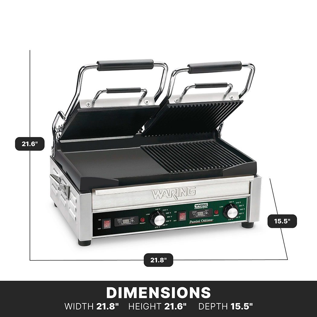 The Waring WDG300T Electric Panini Grill features a stainless steel build and ridged, dual-plate heated surface. Open at a 90-degree angle, its control panel has knobs and switches. Dimensions: width 21.8, height 21.6, depth 15.5.
