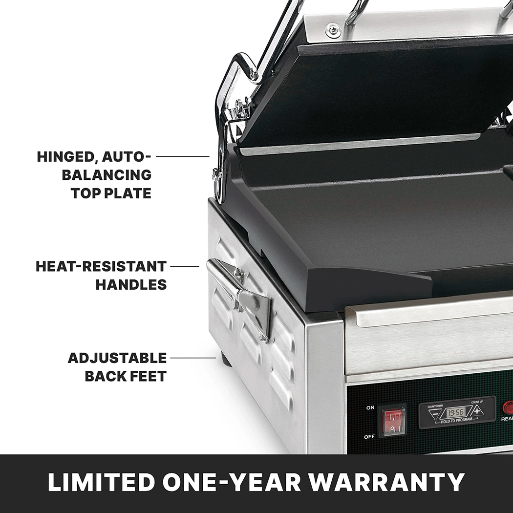 Close-up of the Waring WDG300T Dual Surface Panini Grill, featuring a hinged, auto-balancing top plate, heat-resistant handles, adjustable back feet, and a digital display. Text at the bottom reads, “LIMITED ONE-YEAR WARRANTY.”.
