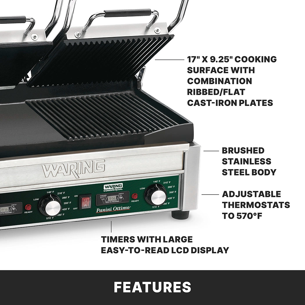 A silver Waring WDG300T Dual Surface Panini Grill with open lid reveals a 17 x 9.25 ribbed and flat cast-iron surface. Labels note its stainless steel body, adjustable thermostats to 570°F, and large LCD display timers. “FEATURES” appears at the bottom.