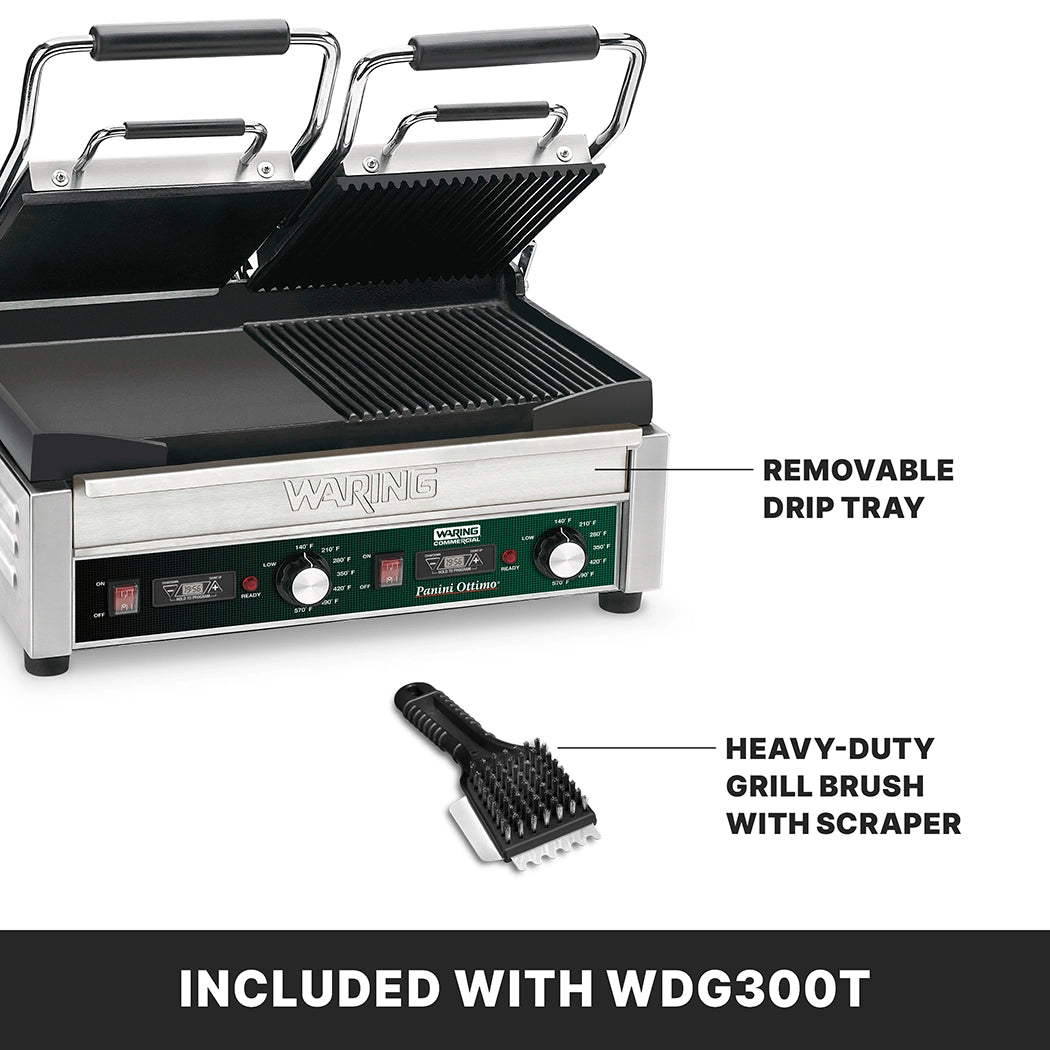 A Waring WDG300T Dual Surface Panini Grill with dual handles sits open, showing ribbed grill plates. Text labels point to a removable drip tray and a heavy-duty grill brush with scraper in front. Bottom text: INCLUDED WITH WDG300T.