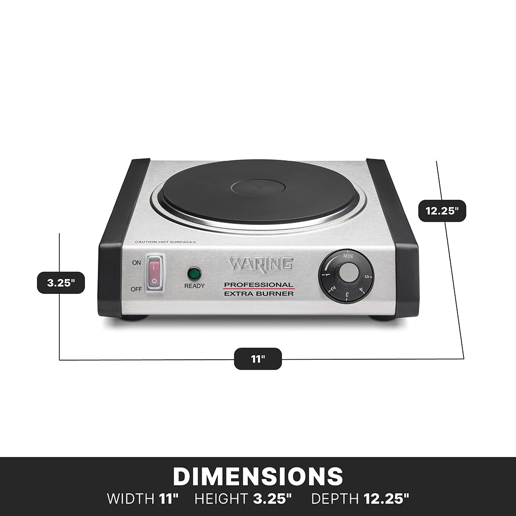 A silver Waring Professional Extra Burner with a cast iron burner is shown, featuring labeled dimensions of 11 inches wide, 12.25 inches deep, and 3.25 inches high. It includes an on/off switch, READY light, and adjustable thermostat on the front panel.
