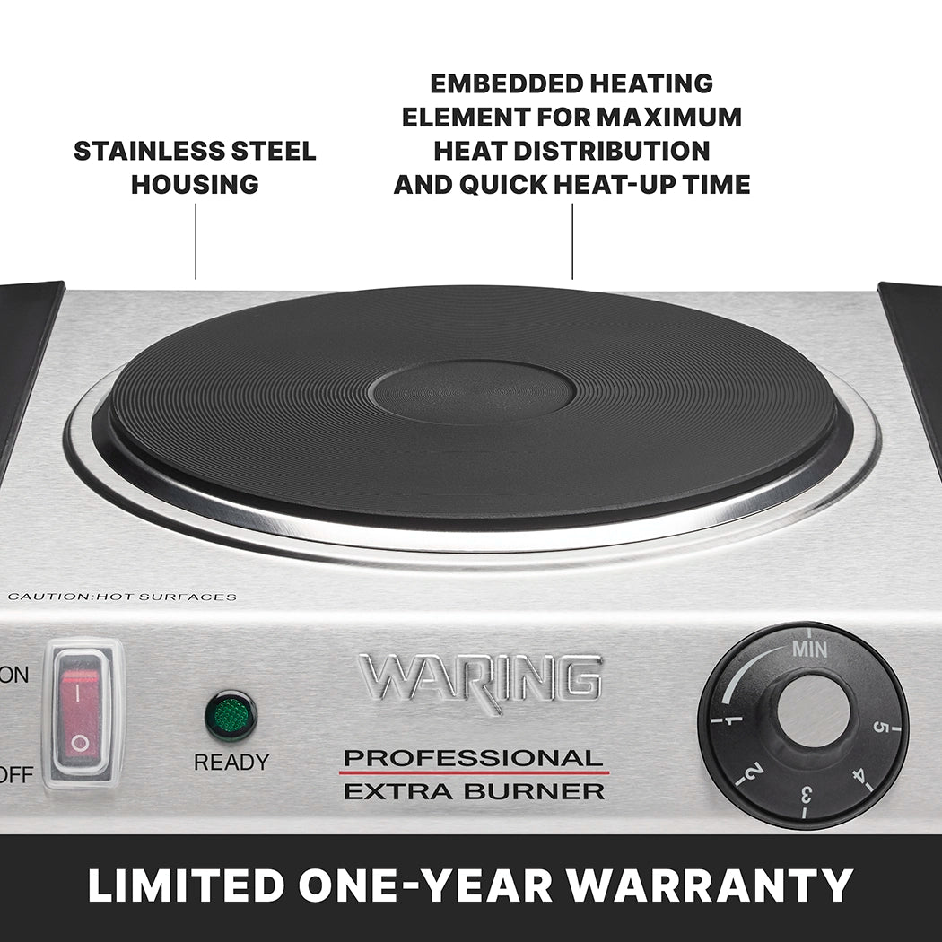 A stainless steel electric burner with a black cast iron heating plate and adjustable thermostat. Features include stainless steel housing, embedded heating element for fast, even heat, easy controls, power indicator lights, and a one-year warranty.