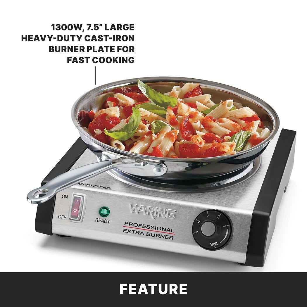 A stainless steel Waring professional commercial burner with a pot of cooked penne pasta, tomato sauce, and basil on top. The control knob is set to high. Text highlights the 1300W, adjustable thermostat, and 7.5" cast iron burner for fast cooking.