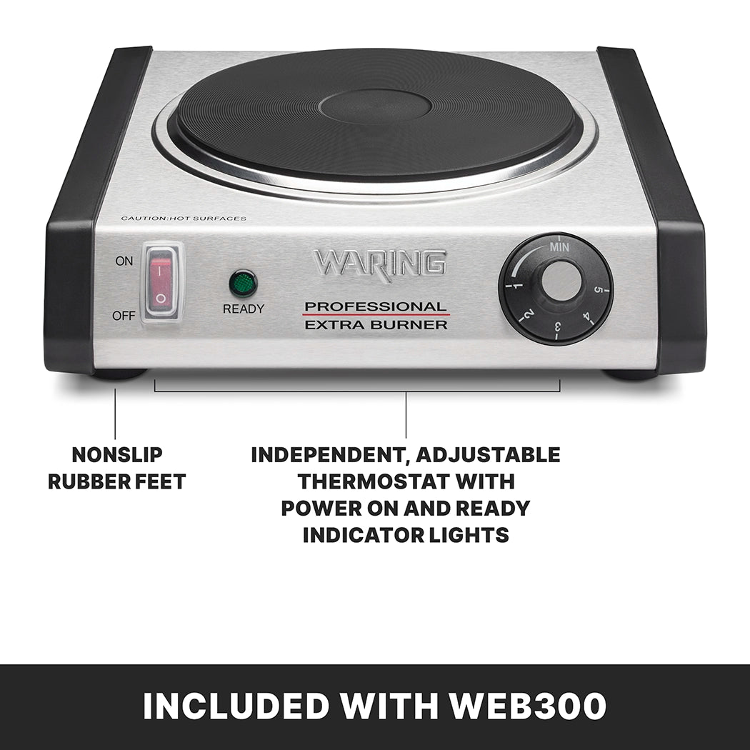 A Waring Professional commercial burner with a black knob for adjustable thermostat control, ON/OFF switch, indicator lights, and nonslip rubber feet. The stainless steel body features a durable cast iron burner. INCLUDED WITH WEB300.