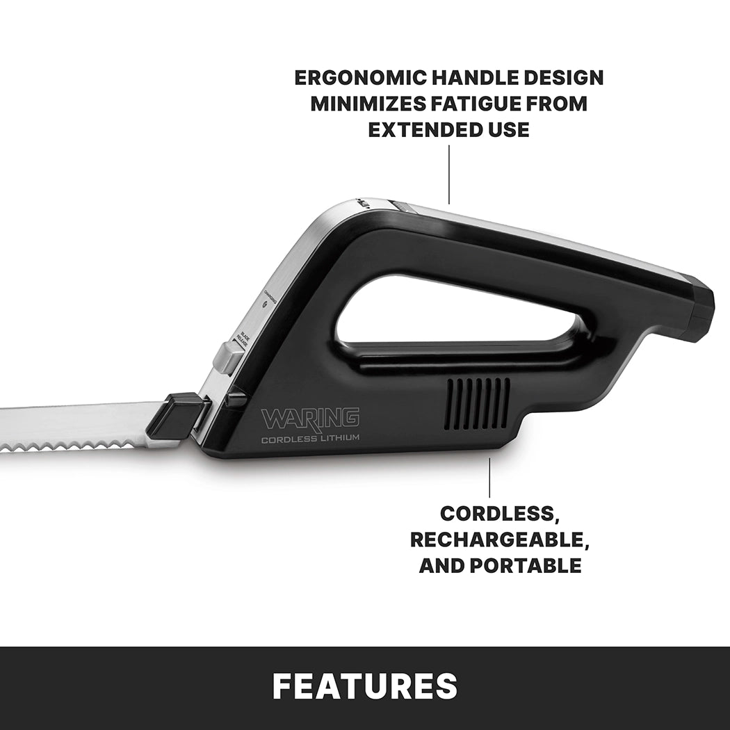 A sleek black cordless carving knife with a silver blade and ergonomic handle. Its adjustable slicing guide reduces fatigue and ensures even cuts. Cordless, rechargeable, and portable for convenience. FEATURES at the bottom.