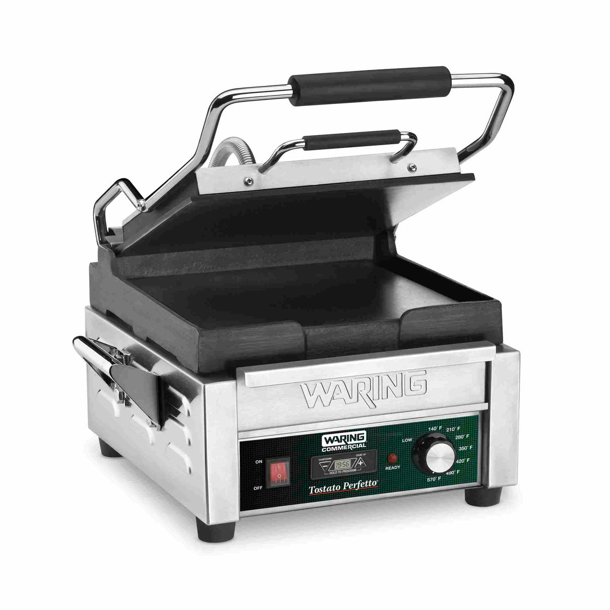 A compact toasting grill, this stainless steel Waring commercial sandwich press features flat cast iron plates, a black handle, control panel with green and red lights, adjustable thermostats, and "Tostato Perfetto" labeling.
