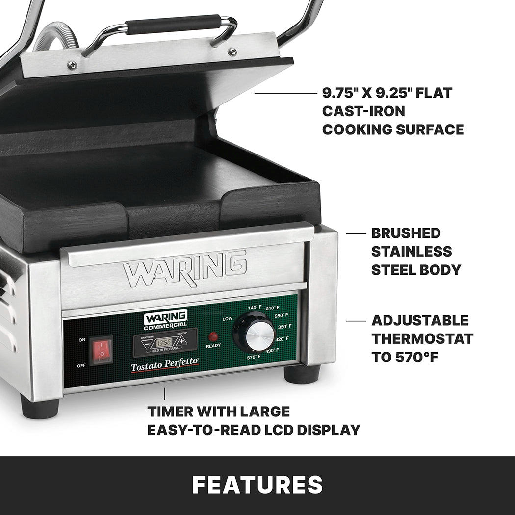 A compact toasting grill, this stainless steel Waring commercial panini press features flat cast iron plates, adjustable thermostats up to 570°F, and a timer with a large LCD display. Key features are labeled with text and lines pointing to each part.
