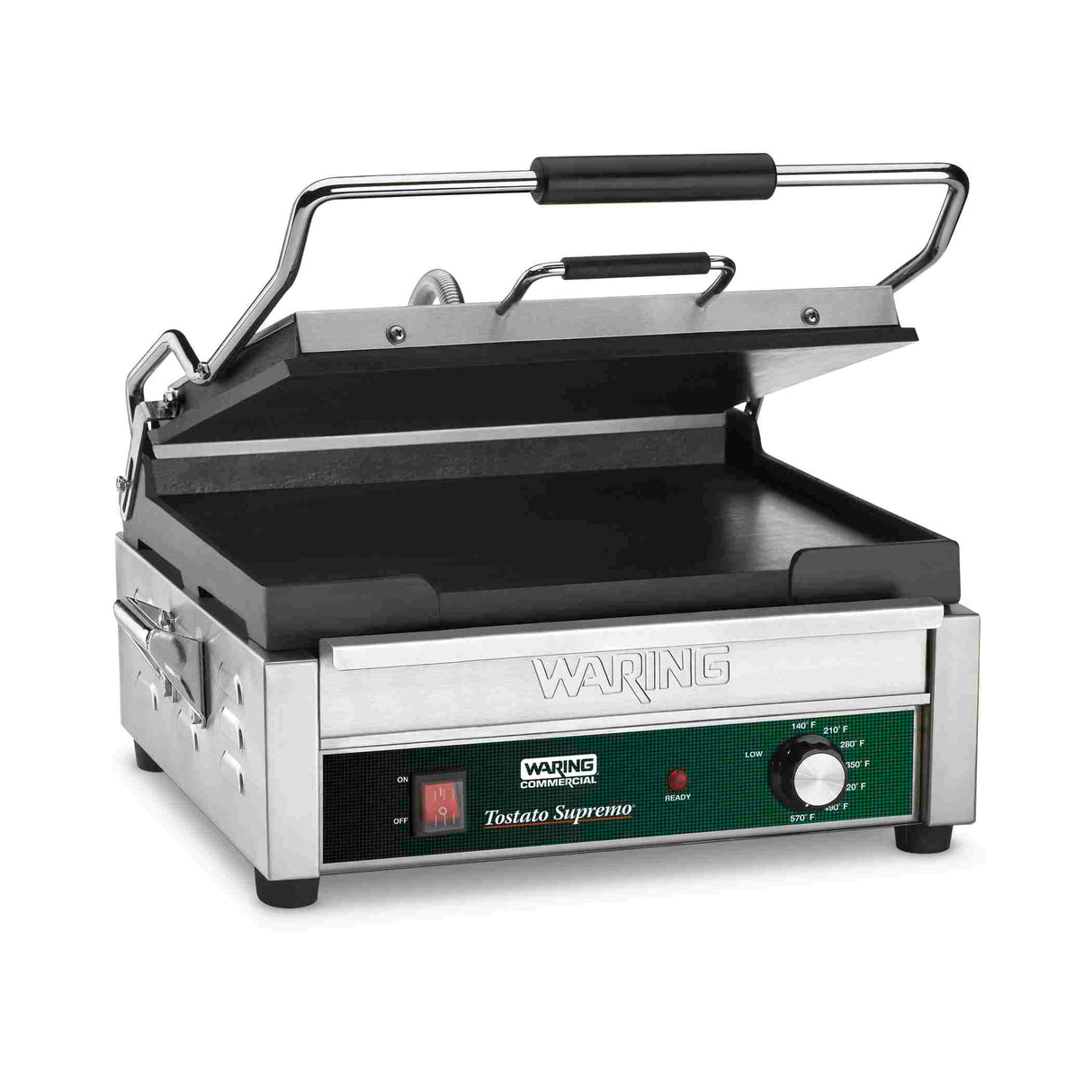 A stainless steel Waring panini press with a black handle and partially open lid. The front features a green temperature control dial, a red power switch, indicator lights, and “Tostato Supremo” text. This large toasting grill has flat cast iron plates.
