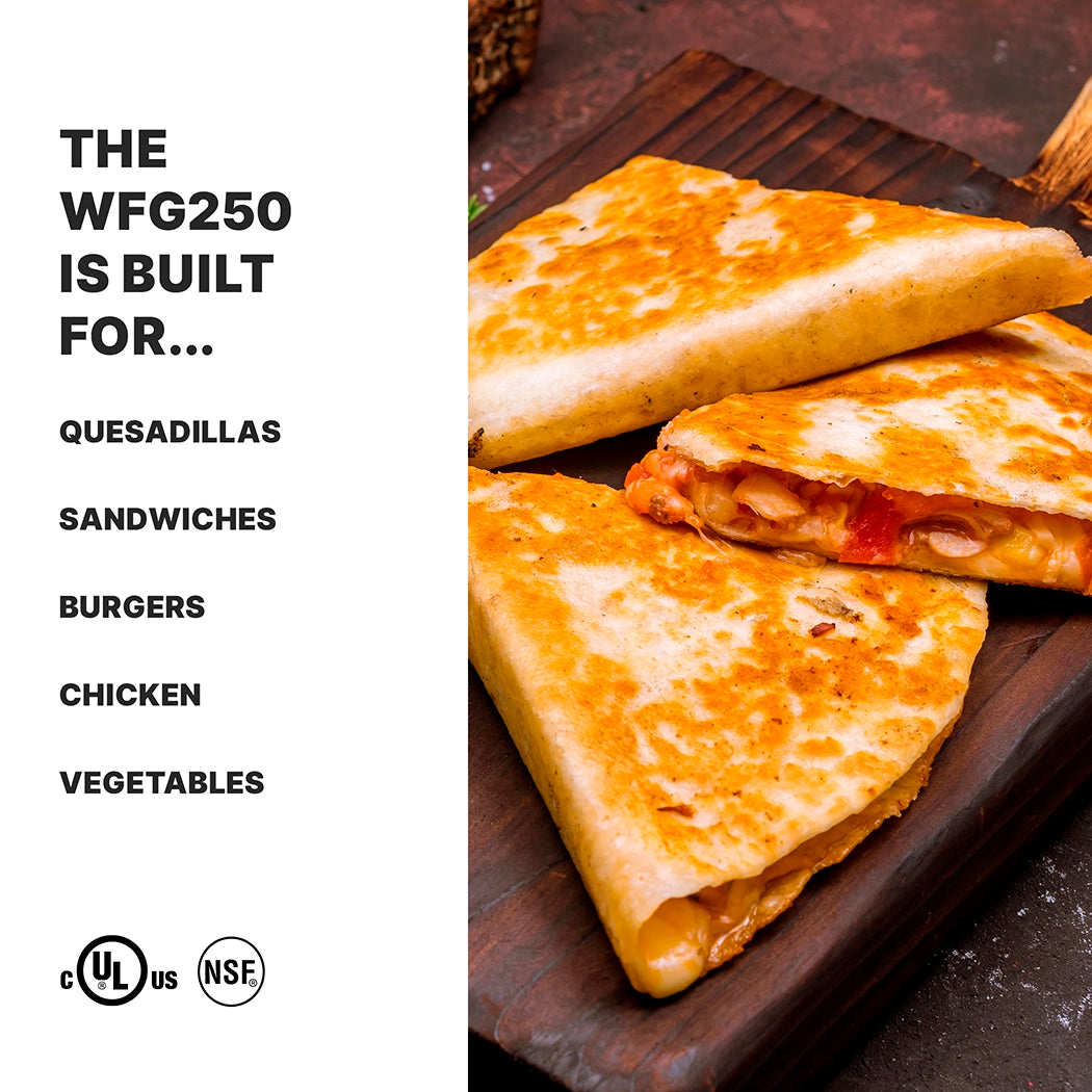 A wooden board displays three golden-brown, grilled quesadilla wedges filled with cheese and vegetables. To the left, bold black text highlights foods the toasting grill with adjustable thermostats and flat cast iron plates is built for. Certification logos appear below.