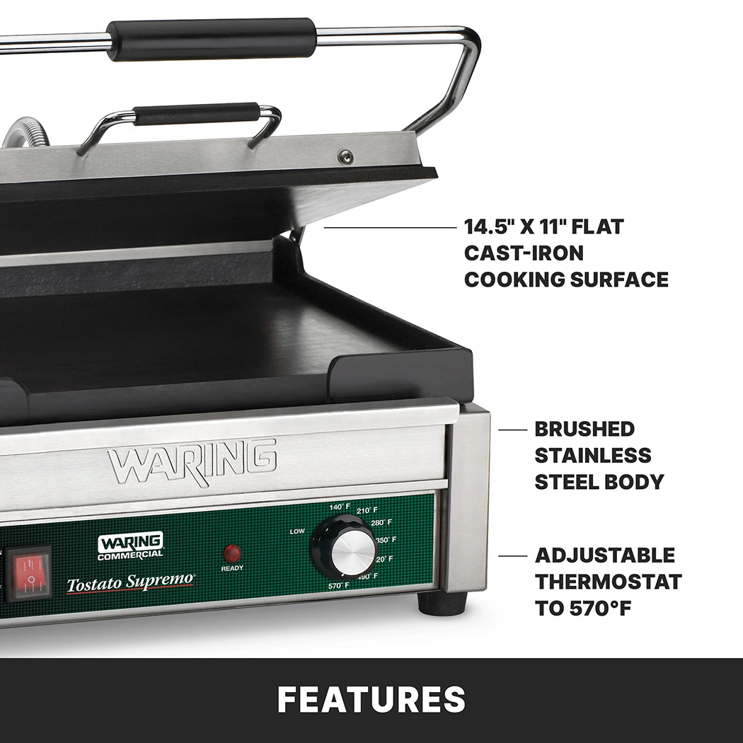 A commercial panini press with a partially open lid is shown. Labels highlight its flat cast iron plates, brushed stainless steel body, and adjustable thermostat up to 570°F. The control panel displays the brand Waring and model Tostato Supremo toasting grill.