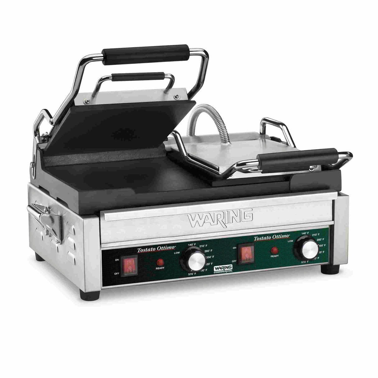 A commercial stainless steel dual toasting grill panini press with cast iron plates, black handles, and a front control panel featuring adjustable thermostats and indicator lights. The left top plate is raised; the right is lowered. Brand: Waring.