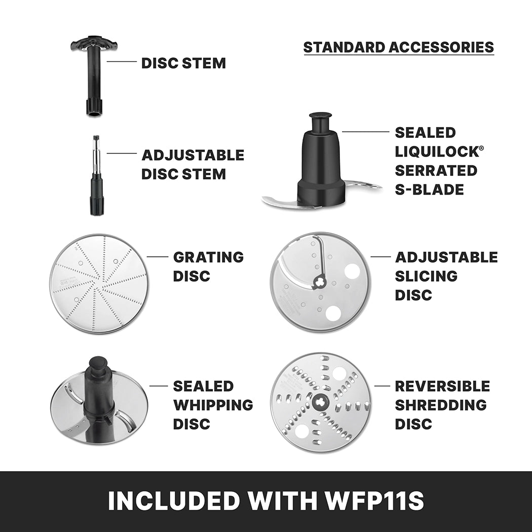 Top-down view of seven labeled batch bowl food processor accessories, including the sealed LiquiLock serrated S-blade with LiquiLock Seal System, grating disc, slicing disc, and more. Text: “Included with WFP11S commercial food processor.”.