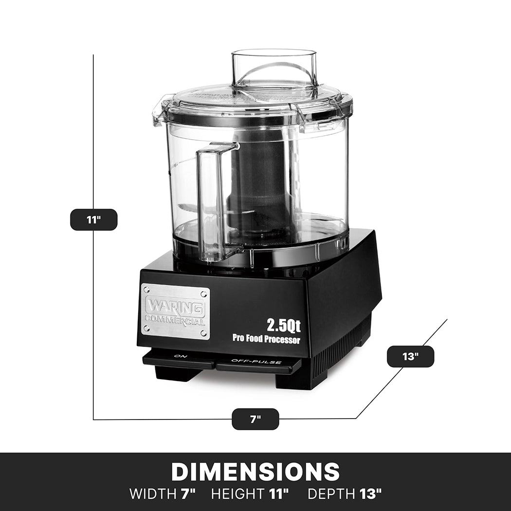 A Waring Commercial 2.5-quart food processor is shown with labels marking its 11" height, 7" width, and 13" depth. The black machine features a clear bowl with the LiquiLock Seal System and a silver label on the front. “Dimensions” text appears below.
