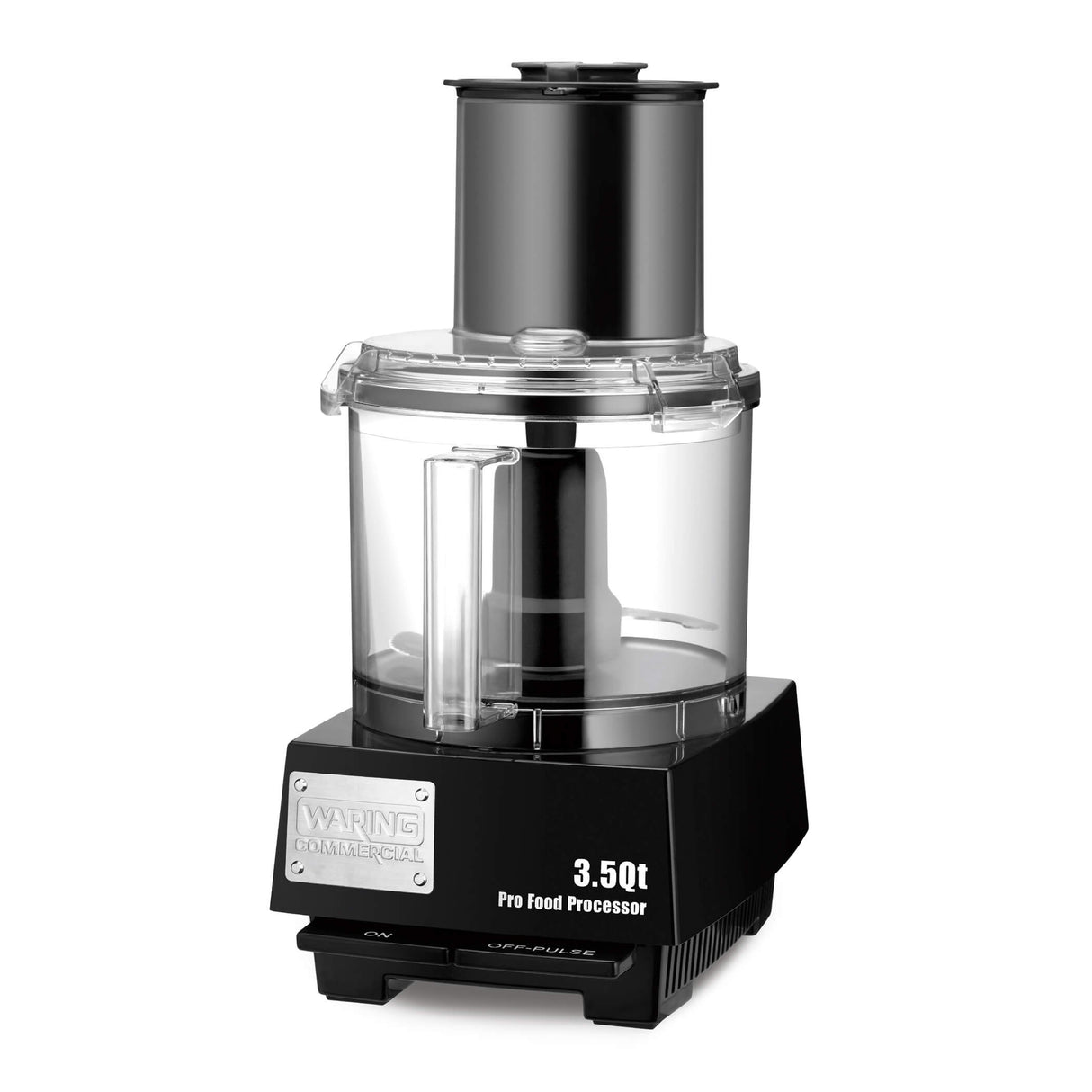 A black and clear Waring Commercial 3.5-quart commercial food processor features a transparent batch bowl, handle, and lid with the reliable LiquiLock Seal System. The base has a metallic label, control dial, four feet, and an S-shaped blade inside the bowl.