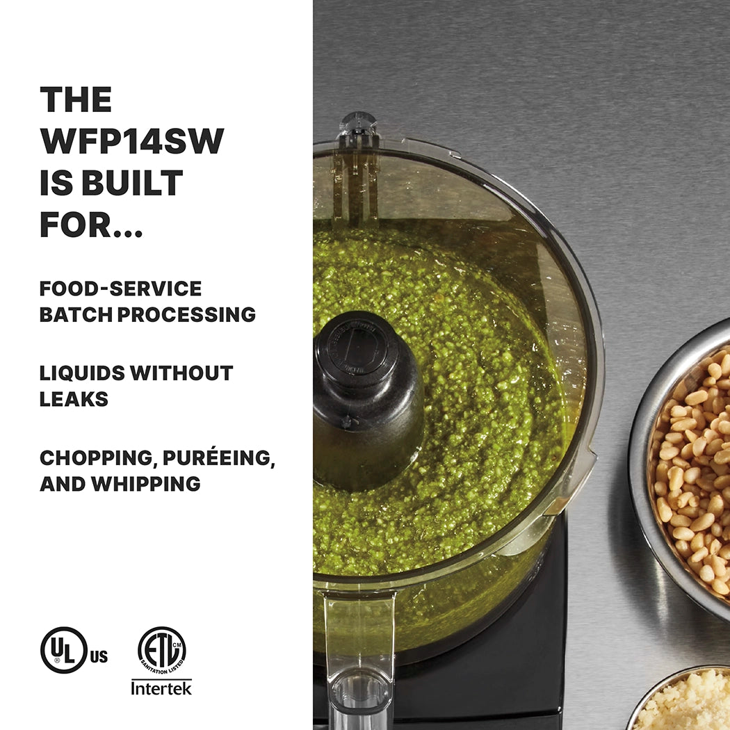 A 3.5 quart Commercial Food Processor filled with green puree sits on a stainless steel countertop next to pine nuts. To the left, text highlights features like food-service batch processing and the LiquiLock Seal System for leak-free liquid handling.