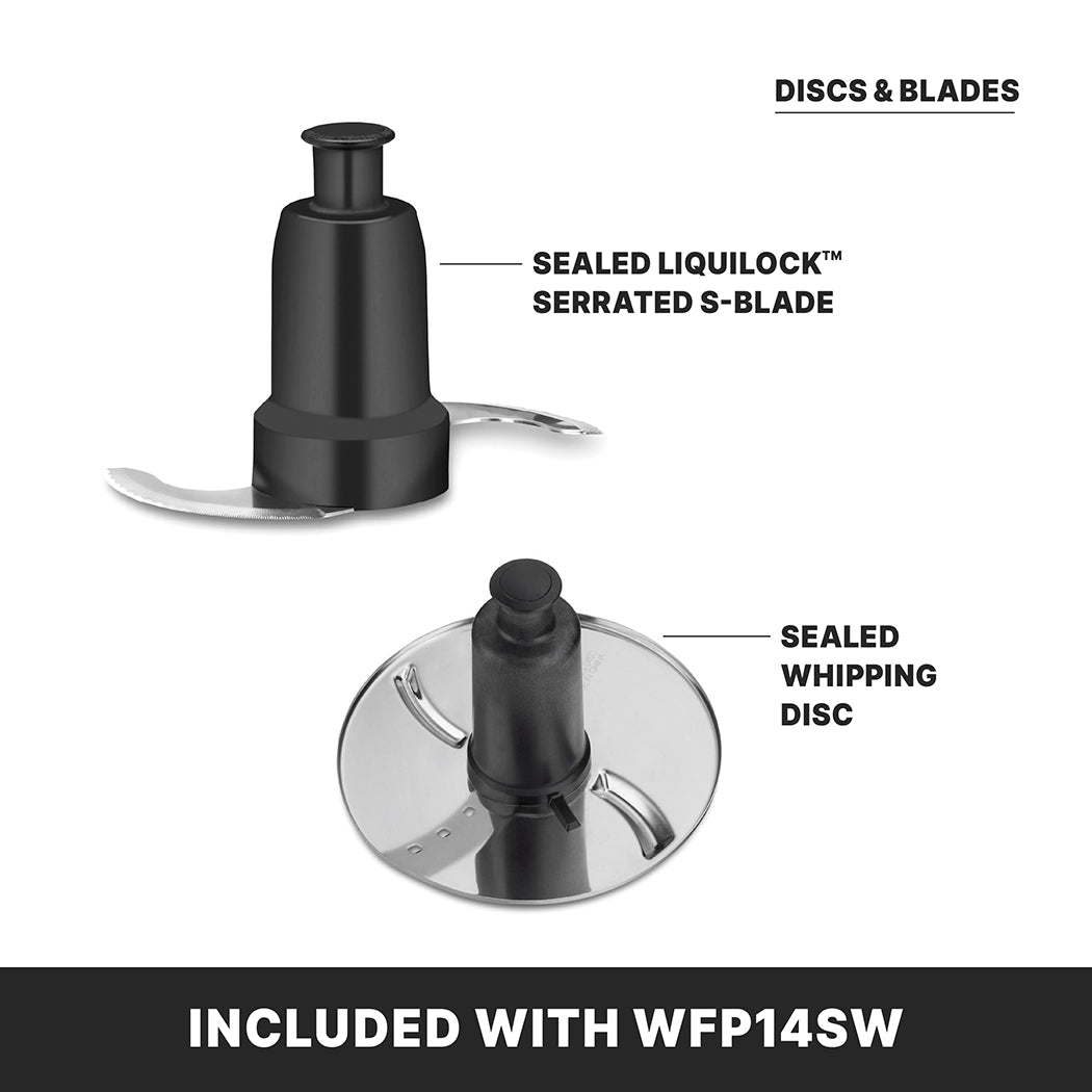 Two Commercial Food Processor attachments are shown: a Sealed LiquiLock serrated S-blade at the top and a Sealed Whipping Disc at the bottom. Both fit the 3.5 quart unit and feature the reliable LiquiLock Seal System for secure processing.
