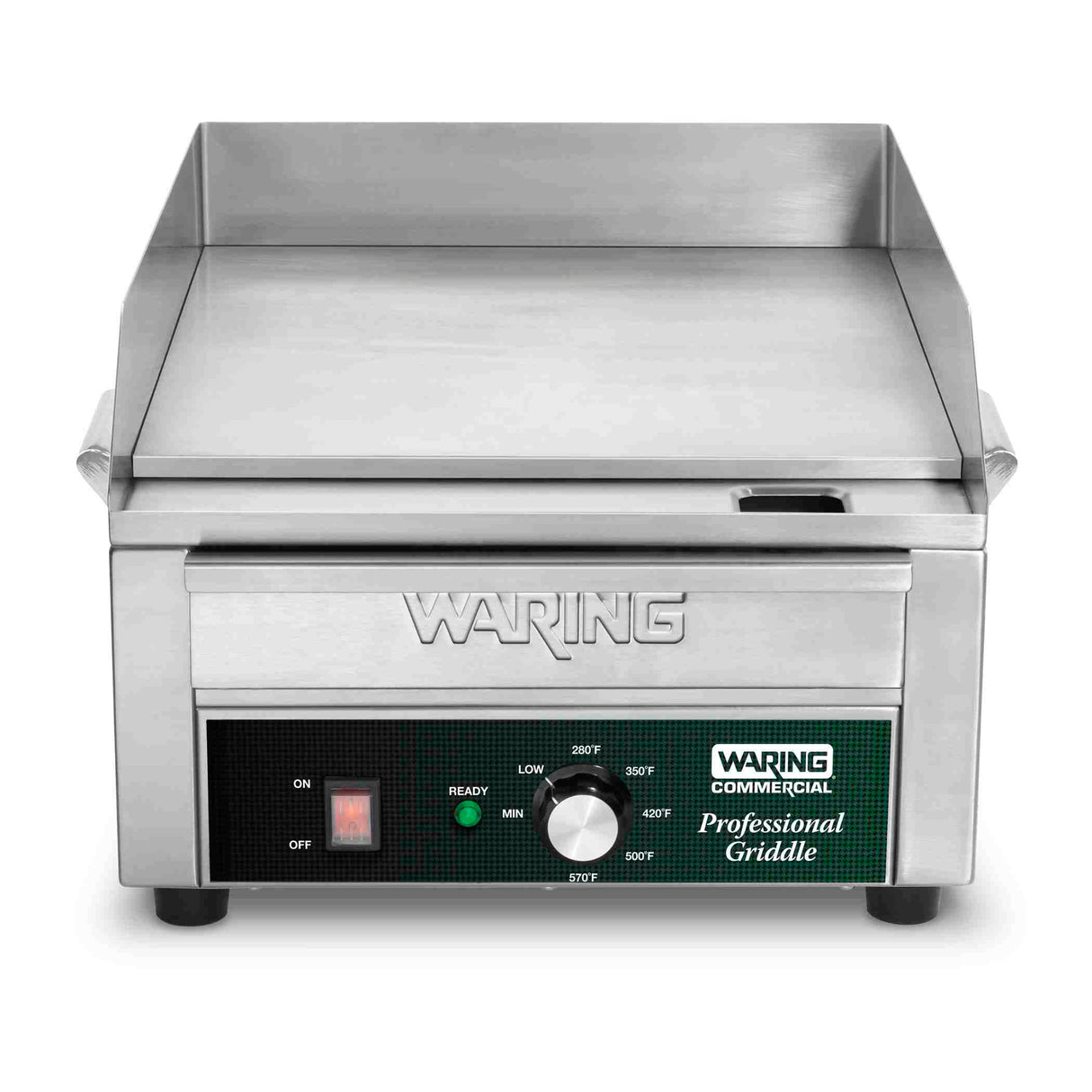 A Waring countertop electric griddle features a stainless steel build, 14" x 16" flat cooking surface, splash guard, control knobs, and a green and black label. The front panel has indicator lights, temperature settings, and an on/off switch.