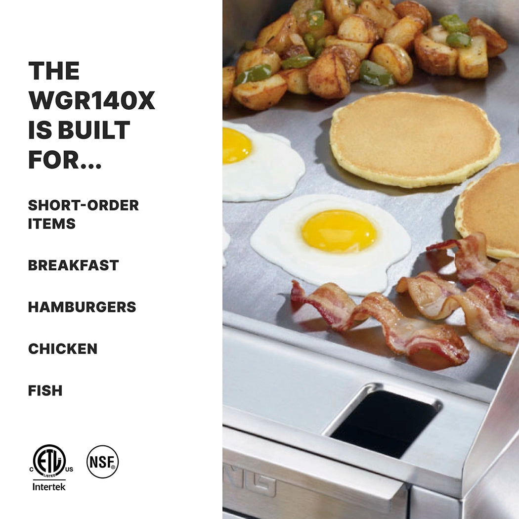 A stainless steel Waring countertop electric griddle with a 14" x 16" cooking surface is cooking sunny-side-up eggs, pancakes, bacon strips, and diced potatoes with green peppers. The left lists foods for the griddle; certification logos are below.