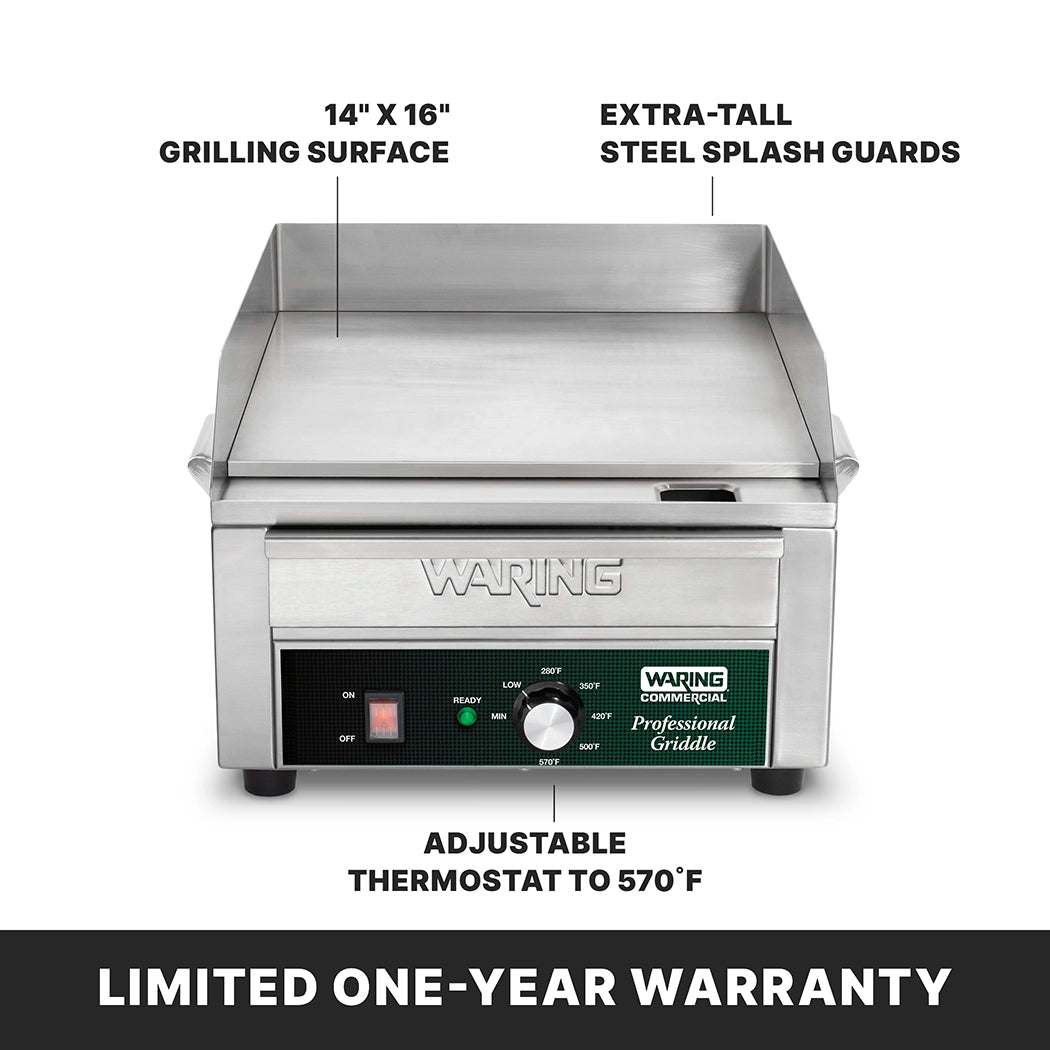 A Waring countertop electric griddle with a 14" x 16" cooking surface, extra-tall steel splash guards, and an adjustable thermostat up to 570°F. Text at the bottom notes a limited one-year warranty. The unit is shown from the front.