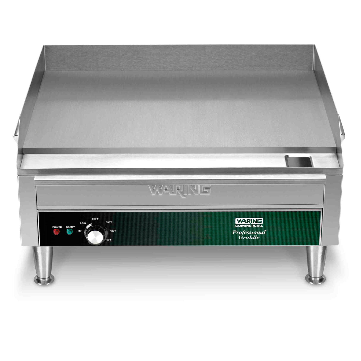 The Waring Countertop Electric Griddle features a 24" x 16" stainless steel cooking surface, raised back and side guards, control knob, indicator lights, and four short legs. The front panel displays the Waring logo and temperature settings.