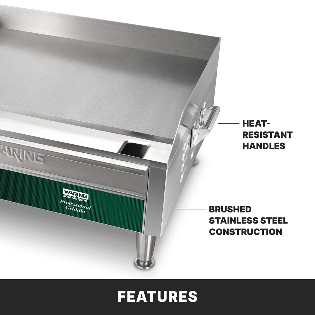 A close-up of a Waring Countertop Electric Griddle highlights two labeled features: heat-resistant handles and brushed stainless steel construction. The 24" x 16" cooking surface is smooth, with a sturdy handle, metal legs, and "FEATURES" at the bottom.