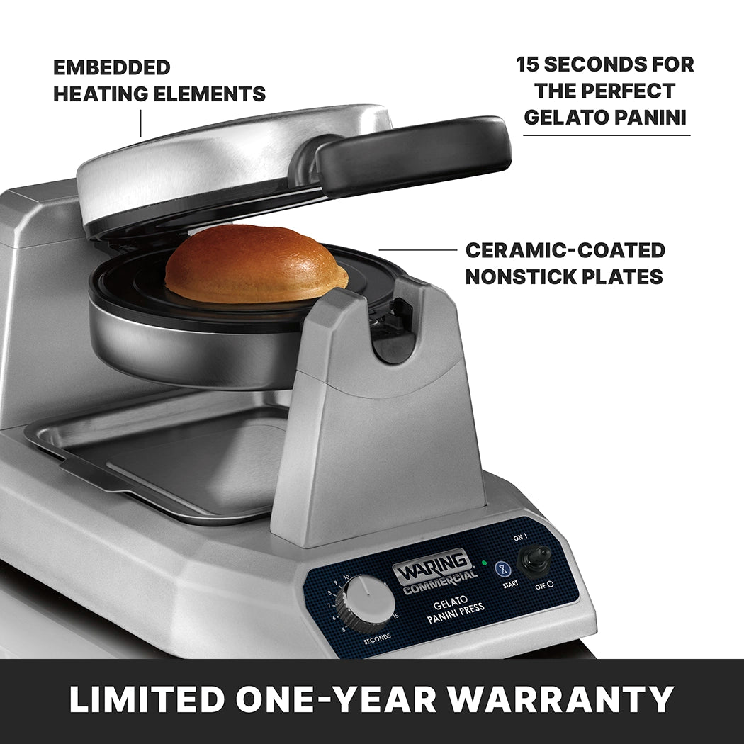 A silver heavy duty Gelato Panini Press with a ceramic-coated, non-stick cooking surface is shown heating a round bun. Text highlights embedded heating elements, 15-second gelato panini prep, and a limited one-year warranty. Control buttons line the base.