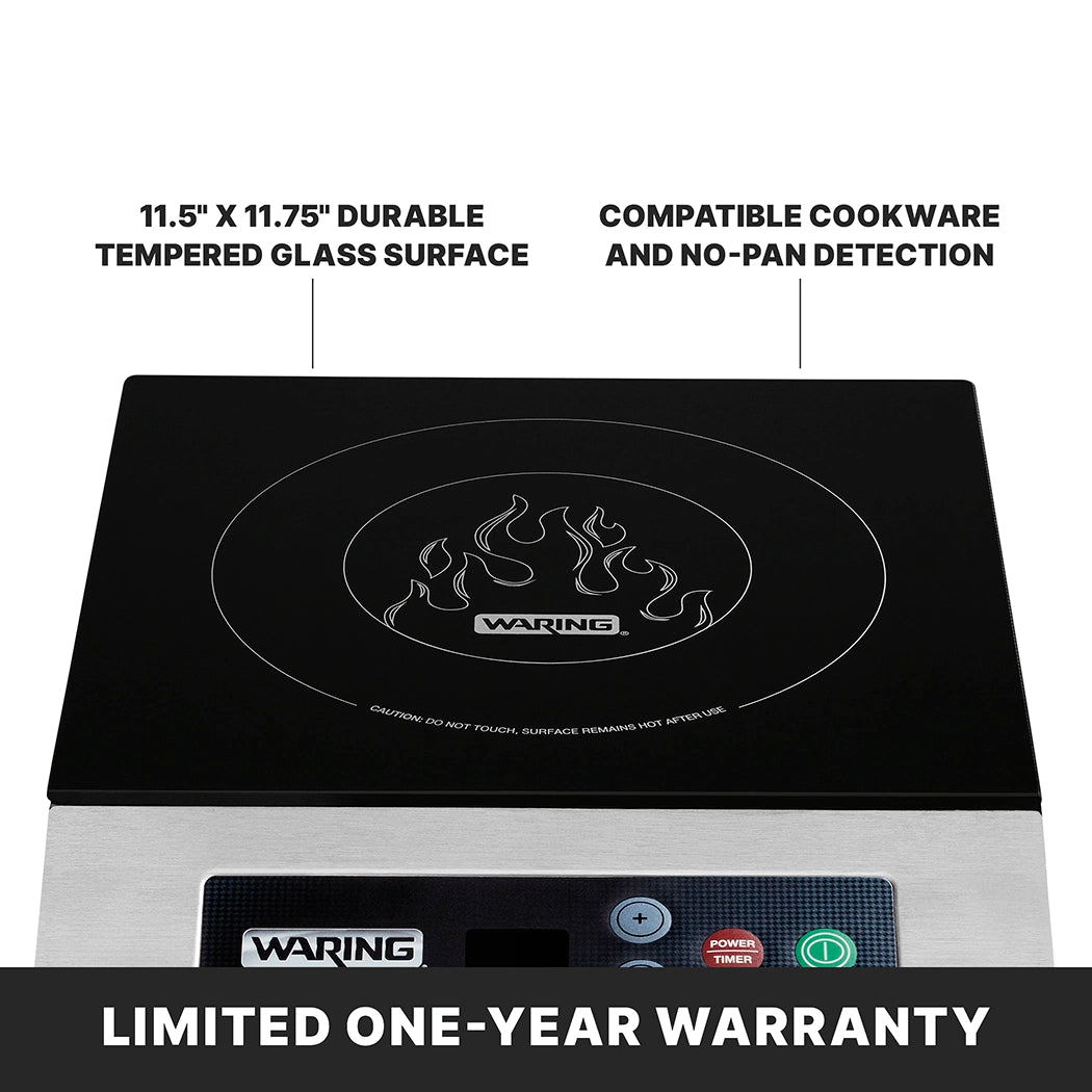 A black Waring countertop Induction Range featuring a single hob with a circular cooking zone and flame design on its 11.5” x 11.75” tempered glass surface. Text highlights durable glass and compatible cookware, with a Limited One-Year Warranty banner below.