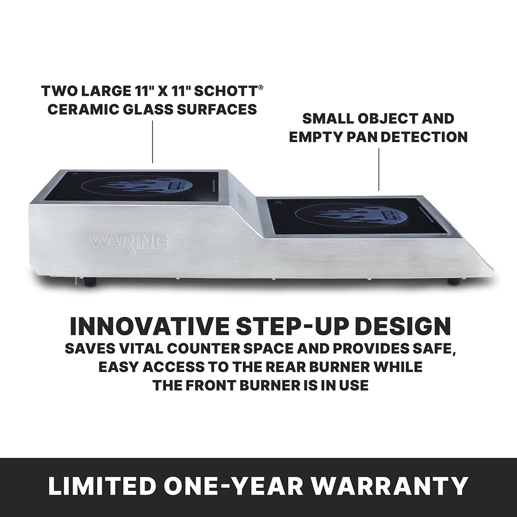 A silver countertop double hob induction range with two large 11x11 Schott ceramic glass cooking tops. The front burner sits lower than the rear, featuring small object detection, innovative design, and a limited one-year warranty.