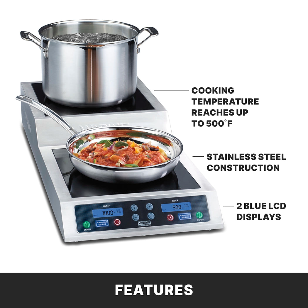 Two stainless steel Double Hob induction cooktops are shown on a countertop, one with a boiling pot and one with a frying pan of food. Labels highlight cooking up to 500°F, stainless steel build, two blue LCD displays. FEATURES is written below.