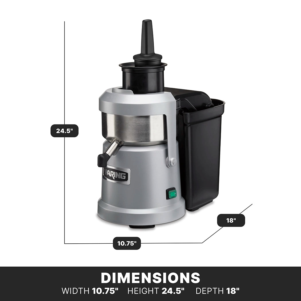 A silver and black heavy duty countertop juice extractor with a cylindrical body, side waste container for continuous pulp ejection, and black plunger. Overlay lines mark dimensions: height 24.5 in, width 10.75 in, depth 18 in. DIMENSIONS listed below.