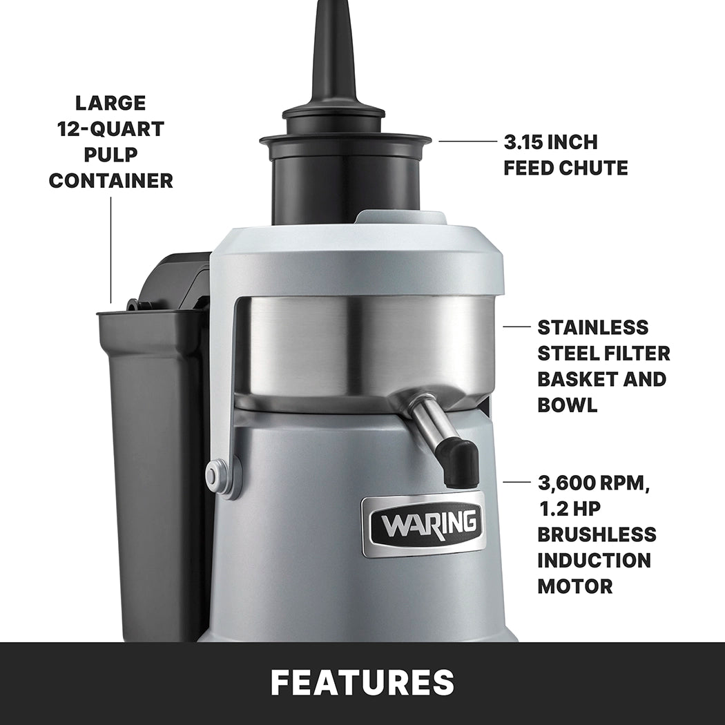 A silver Waring Juice Extractor with a black top is shown. Features include heavy duty 12-quart continuous pulp ejection, a 3.15-inch feed chute, stainless steel filter basket and bowl, and a 1.2 HP brushless induction motor. FEATURES is written at the bottom.