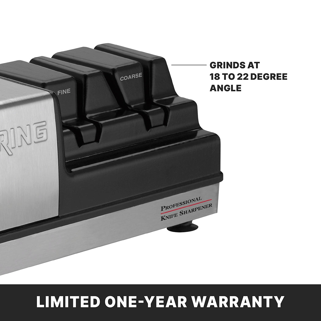 Close-up of an electric Knife Sharpener with labeled slots for fine and coarse sharpening, featuring grinding wheels. Text reads, Grinds at 18 to 22 degree angle, and Professional Knife Sharpener. Banner at bottom says, Limited one-year warranty.