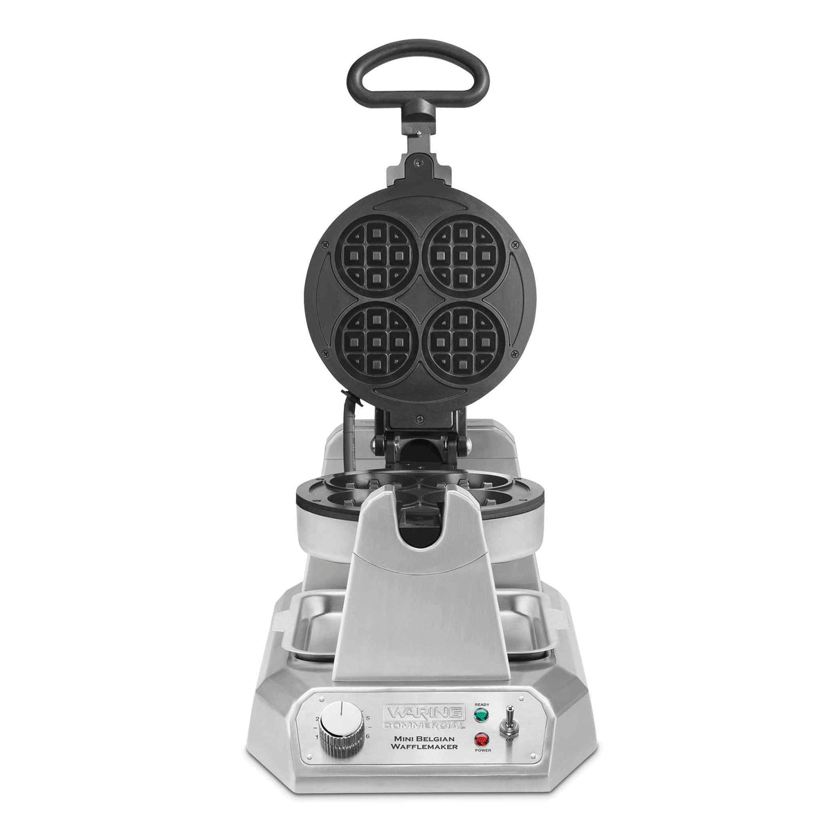 A heavy duty stainless steel waffle maker with non-stick plates features a round, four-section waffle plate. It has a top handle, control dial, indicator lights, and the “Waring” label on its modern metallic base.