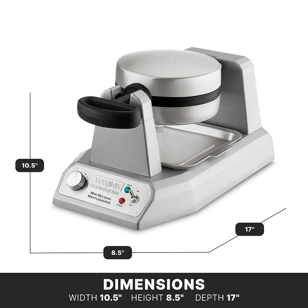 A silver, heavy duty waffle maker sits on a gray base with control knobs. The image includes measurements: width 10.5”, height 8.5”, depth 17”. “DIMENSIONS” is bolded at the bottom, with lines showing each measurement.
