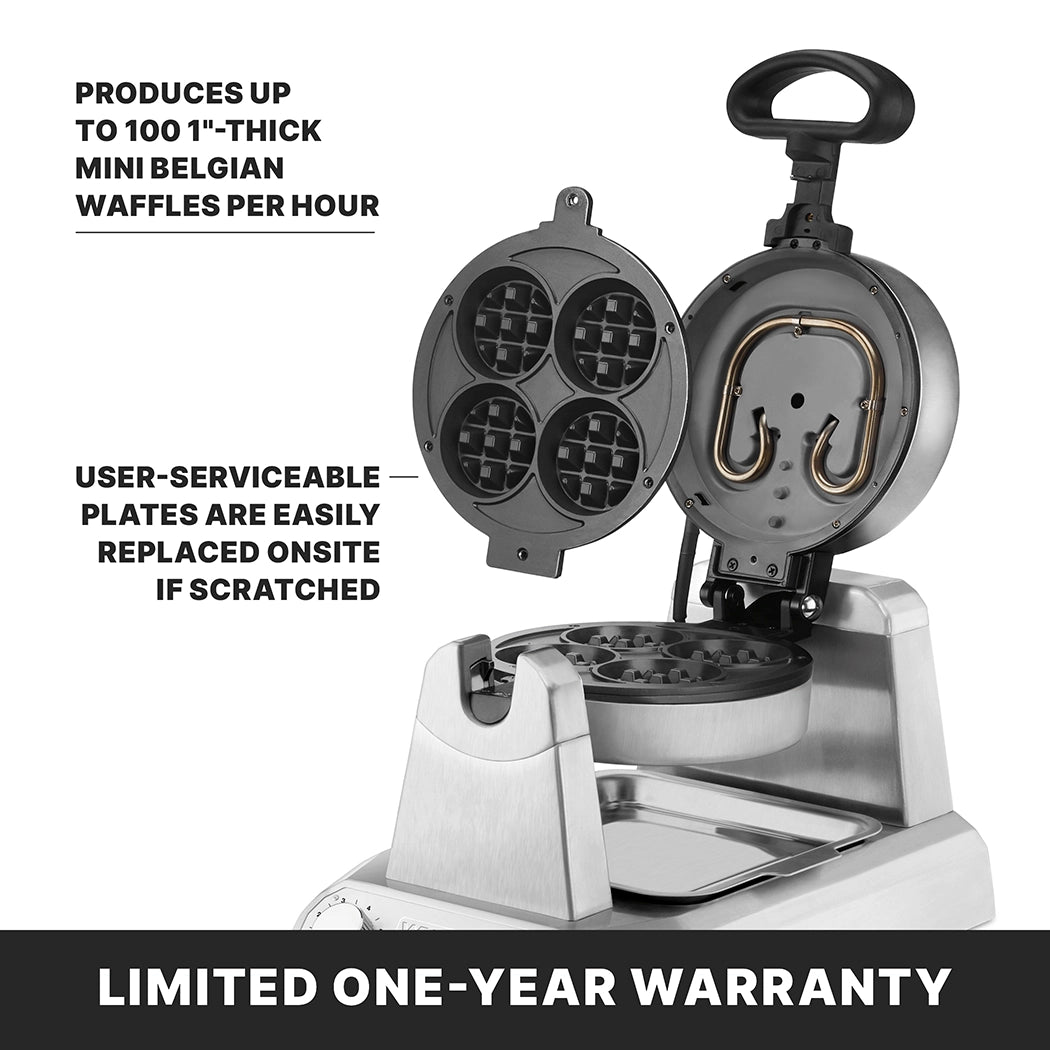 A heavy duty Mini Belgian Waffle Maker with its lid open reveals four round, non-stick plates. Text highlights it can make up to 100 mini Belgian waffles per hour and comes with user-serviceable parts plus a limited one-year warranty.