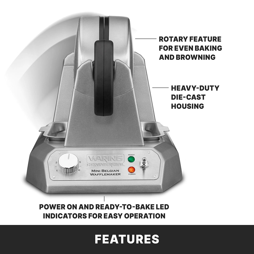 A silver Mini Belgian Waffle Maker is shown with heavy duty die-cast housing, non-stick plates, rotary feature for even baking, and power/ready-to-bake LED indicators. The front panel features switches and indicator lights. Text reads “FEATURES.”.