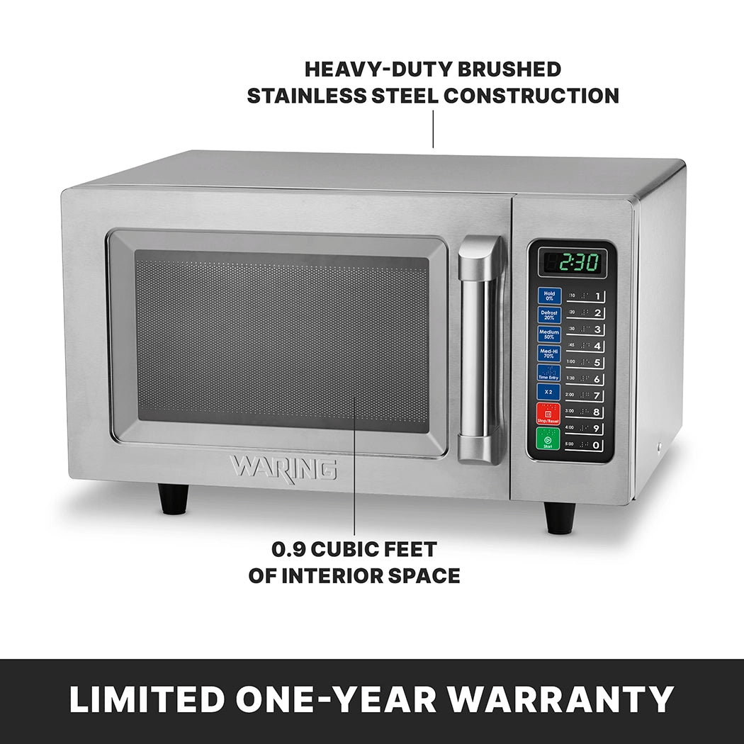 A stainless steel microwave oven with a digital keypad, handle, display showing 2:30, and text noting medium duty 1000 watts power, HEAVY-DUTY BRUSHED STAINLESS STEEL CONSTRUCTION, 0.9 CUBIC FEET INTERIOR SPACE, and LIMITED ONE-YEAR WARRANTY at the bottom.