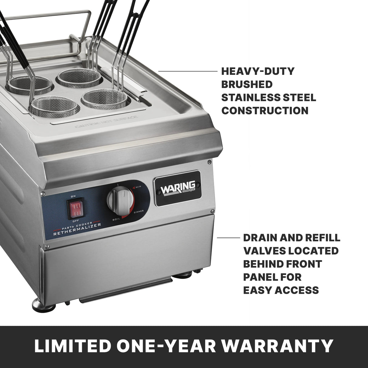 A brushed stainless steel electric Waring pasta cooker and rethermalizer features four baskets, heavy-duty construction, and front-located drain and refill valves. A digital display and control knob are visible. Banner: LIMITED ONE-YEAR WARRANTY.