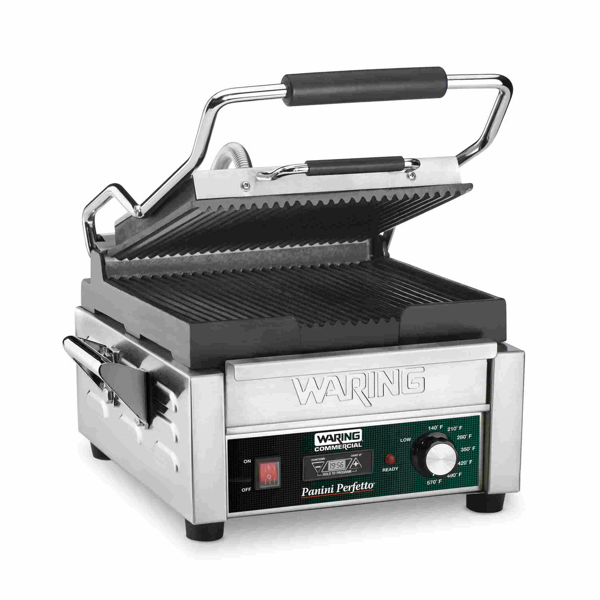 A stainless steel Waring commercial panini grill with ribbed cast iron plates, black handles, side utensil holder, temperature control knob, indicator lights, and an open, angled lid. The front displays branding and controls.