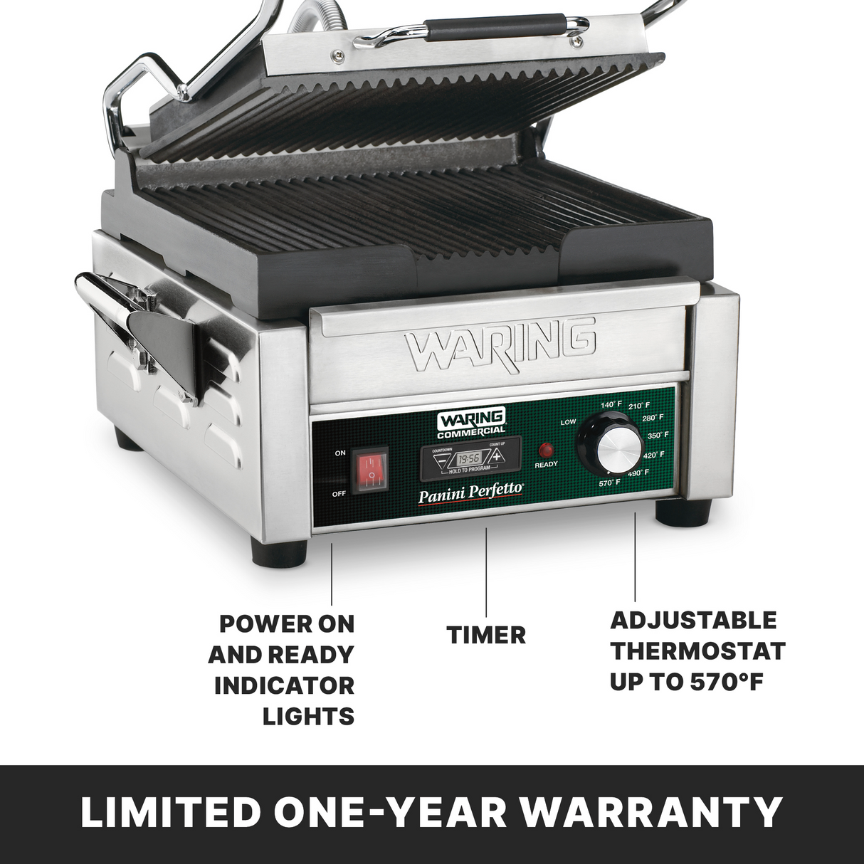 A compact panini grill, this stainless steel Waring Commercial panini press features ribbed cast iron plates, a timer, adjustable thermostat up to 570°F, power/ready indicator lights, and a limited one-year warranty highlighted at the bottom.