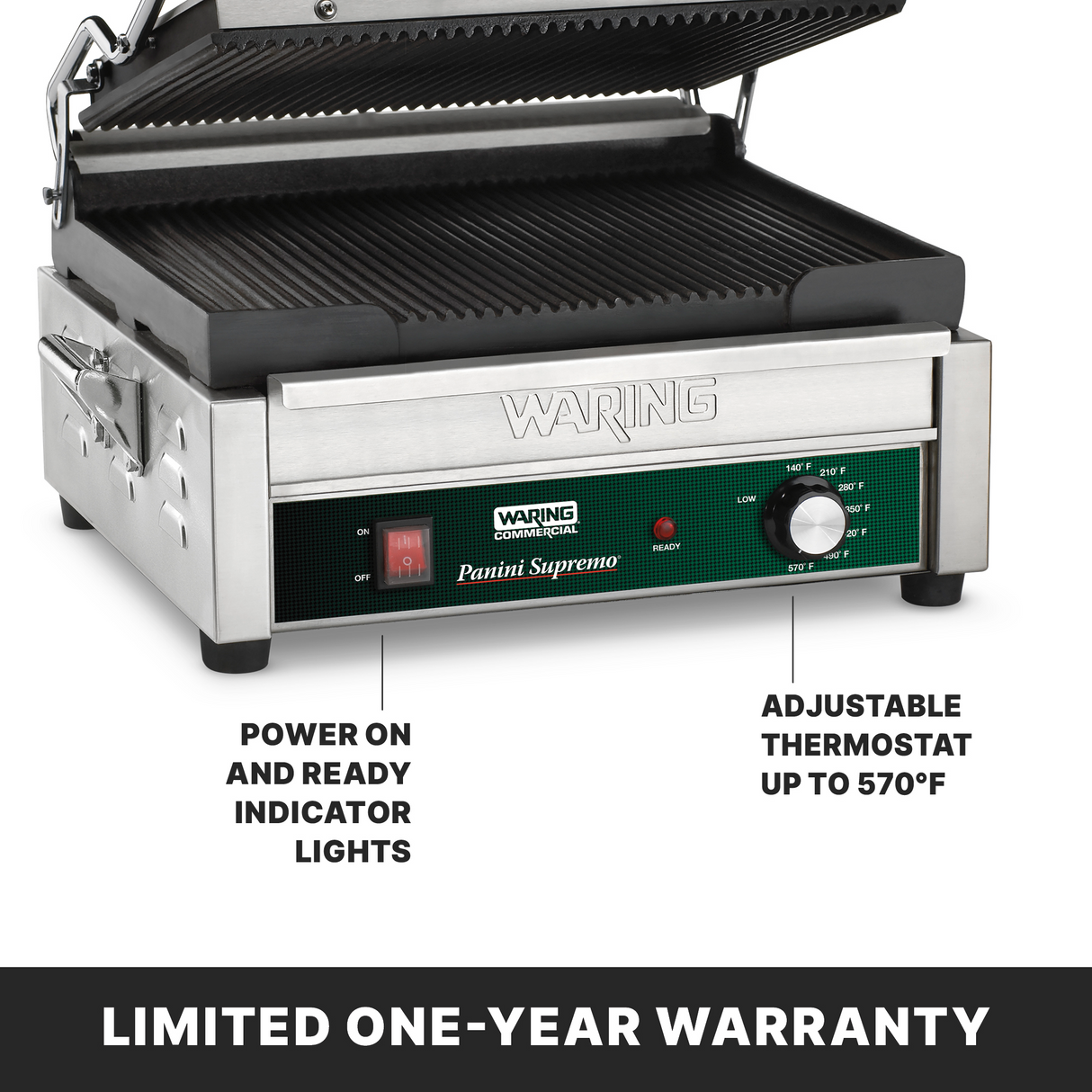 A stainless steel Waring panini grill with ribbed cast iron plates is shown. The front panel displays indicator lights labeled “POWER” and “READY,” plus a knob for the adjustable thermostat up to 570°F. Text highlights the warranty and product features.