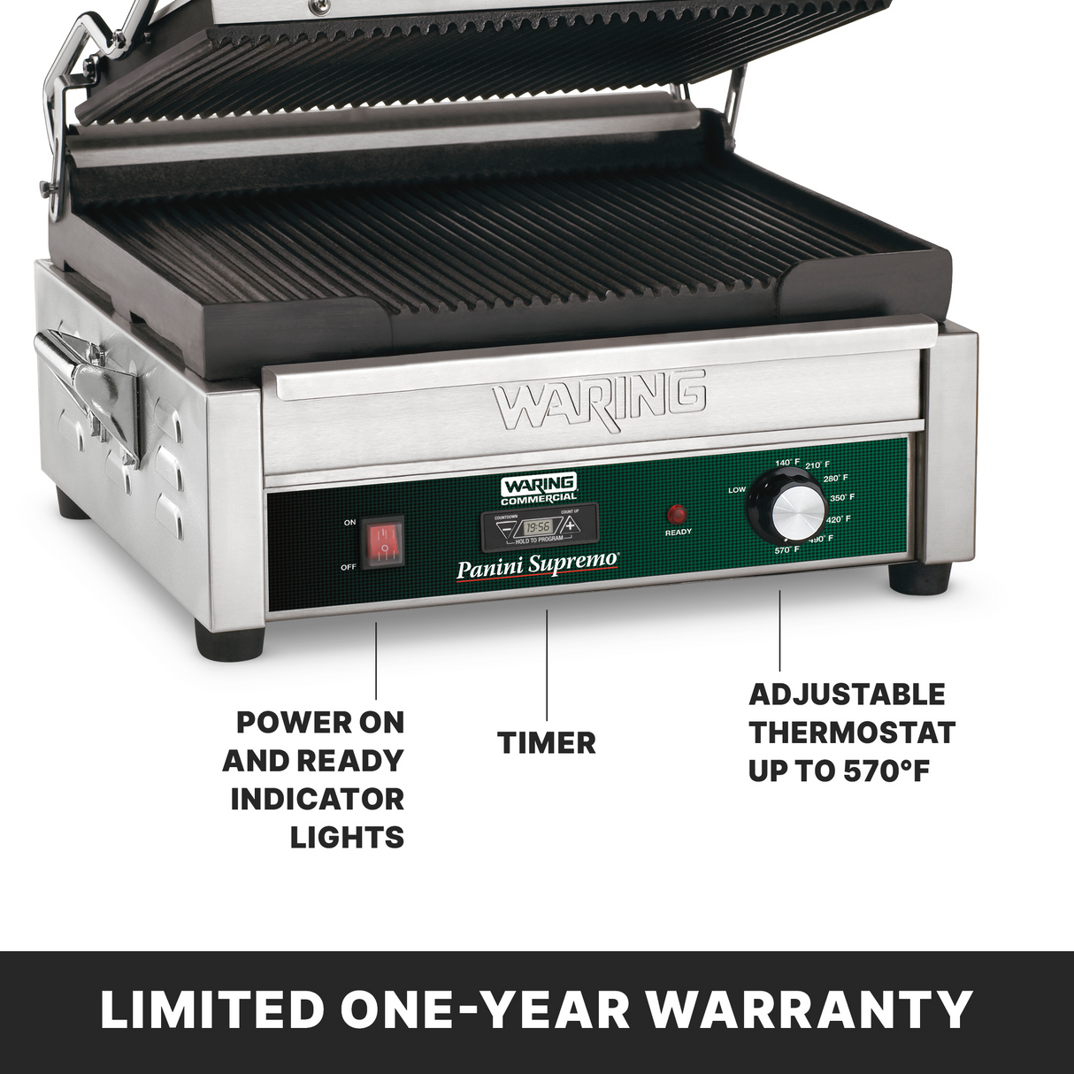 A stainless steel Waring Panini grill with ribbed cast iron plates, indicator lights, a timer dial, and an adjustable thermostat knob up to 570°F. Text below highlights its large cooking surface and limited one-year warranty.