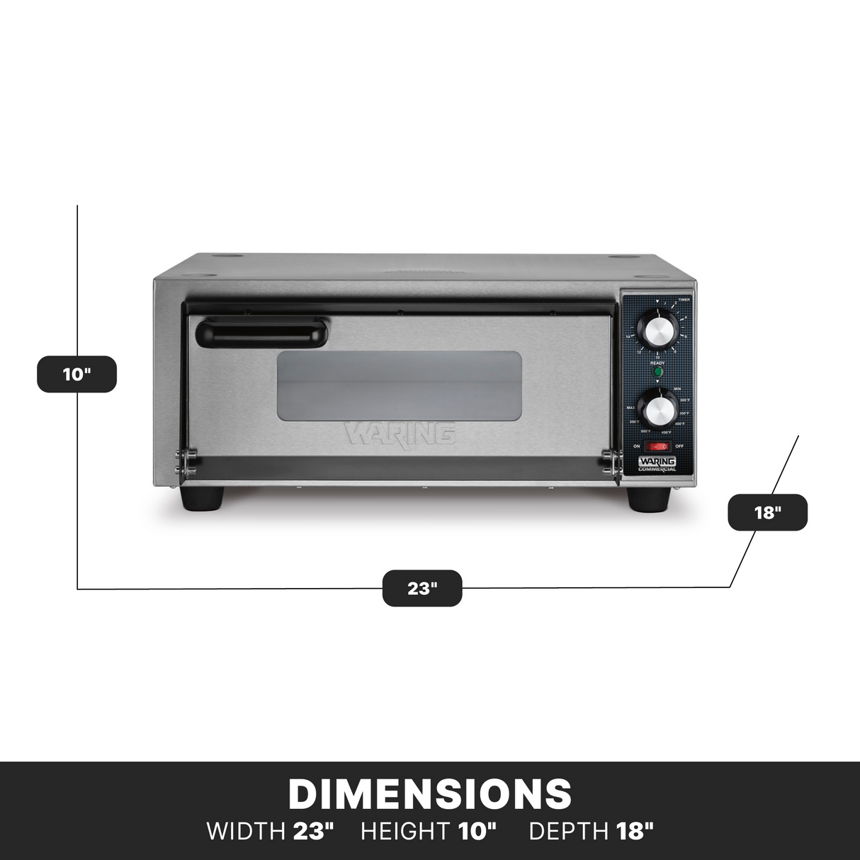 A stainless steel electric pizza oven with a glass door and two control knobs on the right. Black labels indicate its dimensions: 23 inches wide, 10 inches high, and 18 inches deep. A black bar below displays these measurements in white text.