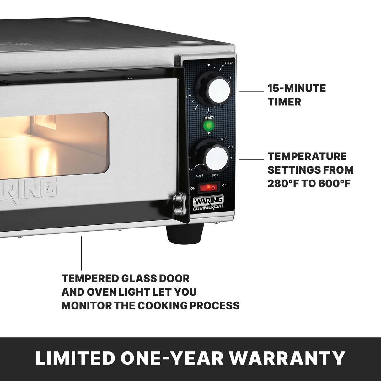A close-up of a stainless steel electric pizza oven with a glass door and control panel. Labels highlight a 15-minute timer, temperature settings from 280°F to 600°F, and a tempered glass door. Text below reads, “LIMITED ONE-YEAR WARRANTY.”.