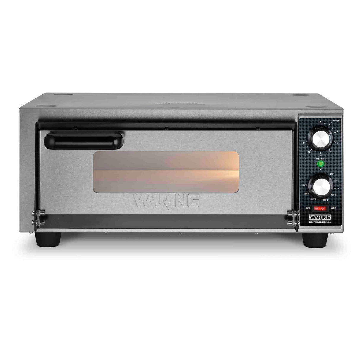 A stainless steel electric pizza oven with a front glass window, black handle, and two control knobs on the right for temperature and timer settings. This countertop pizza oven is plugged in, its interior light is on, and the Waring brand label is visible.