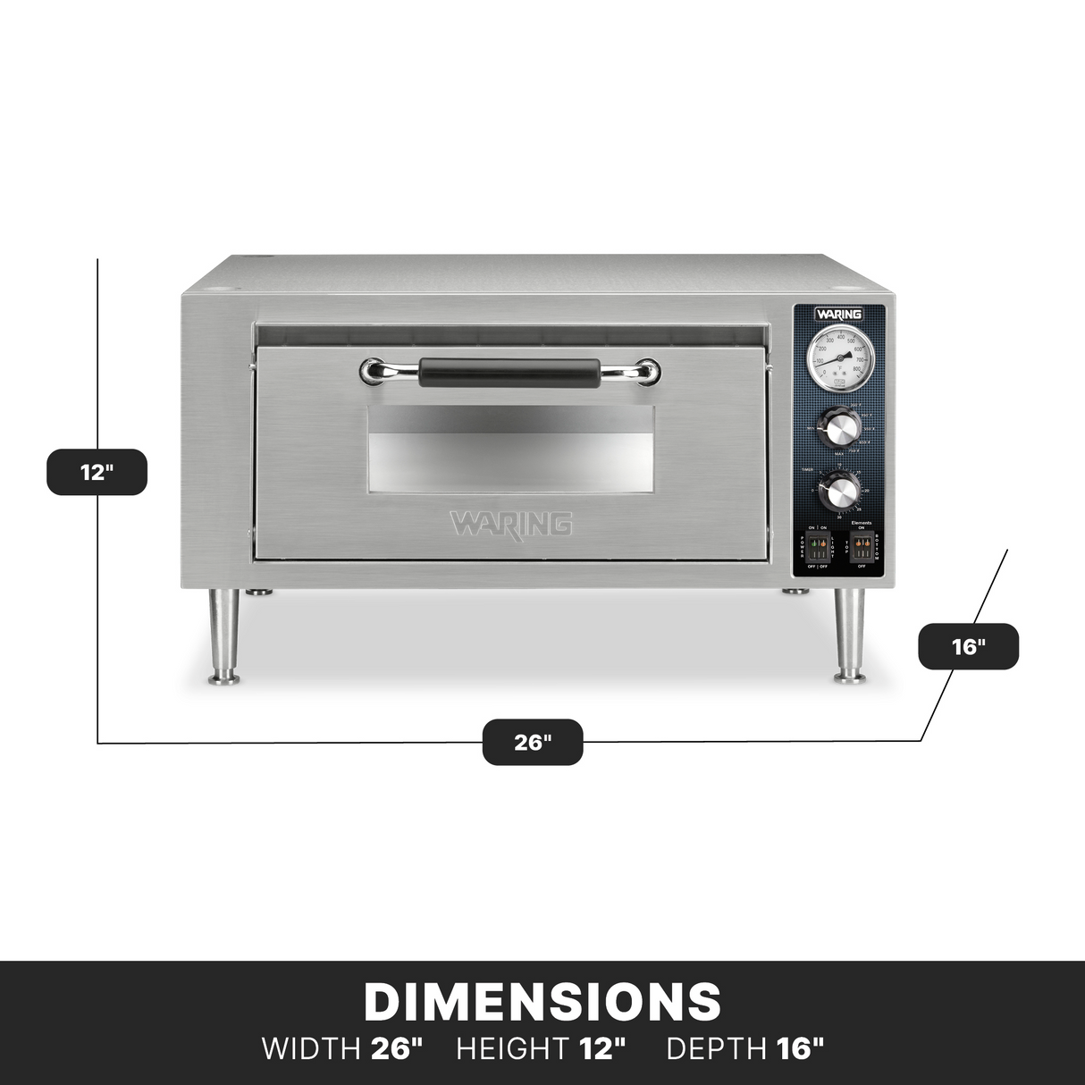 A stainless steel Waring WPO500 single deck pizza oven with a front windowed door, side temperature gauge, and control knobs. The countertop pizza oven measures 26” wide, 12” high, and 16” deep with labeled dimension lines and a Dimensions label.