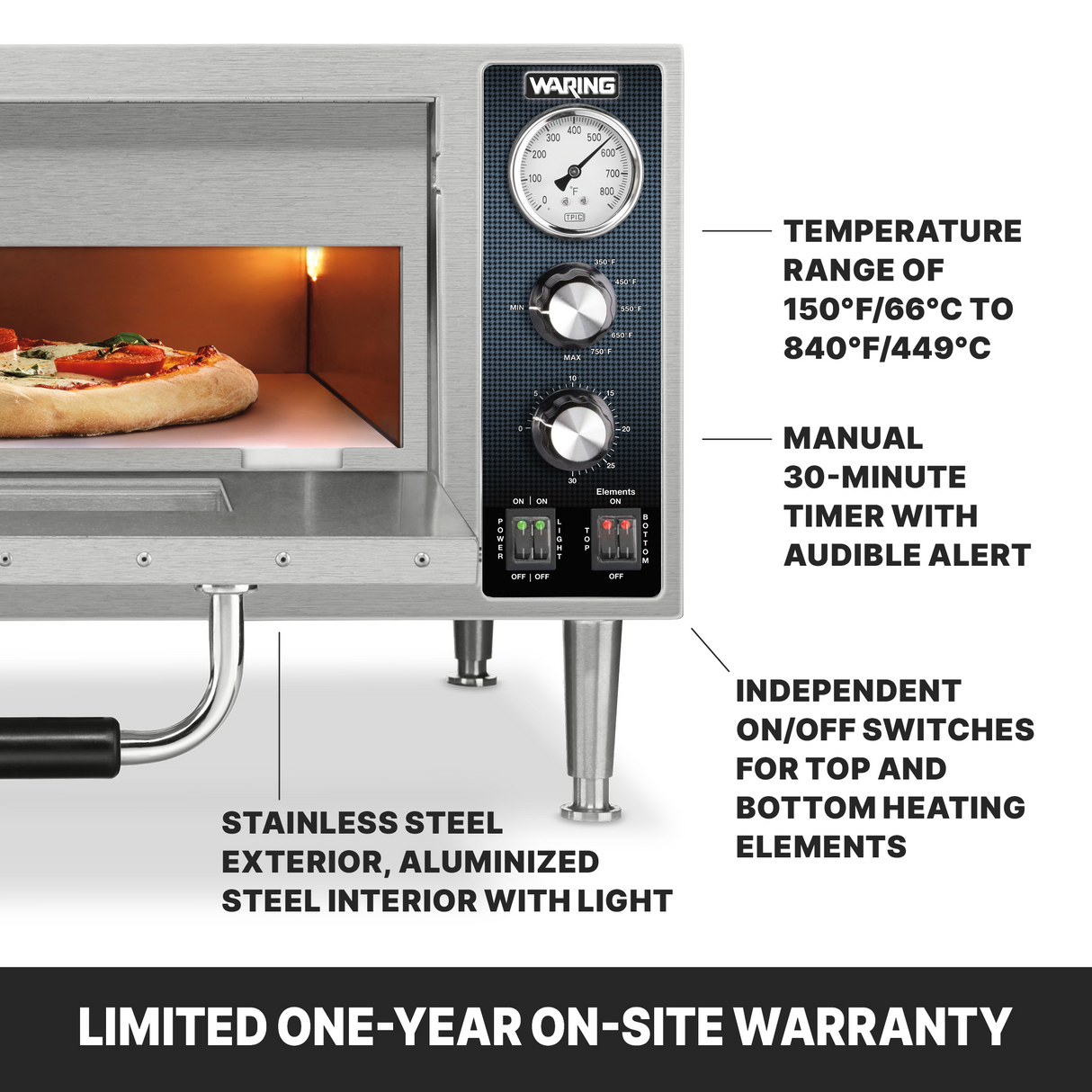 A stainless steel Waring WPO500 countertop pizza oven with a pizza inside. Dials and switches on the right display temperature and timer controls. Labeled features include independent heating, a lighted interior, and a one-year warranty banner below.