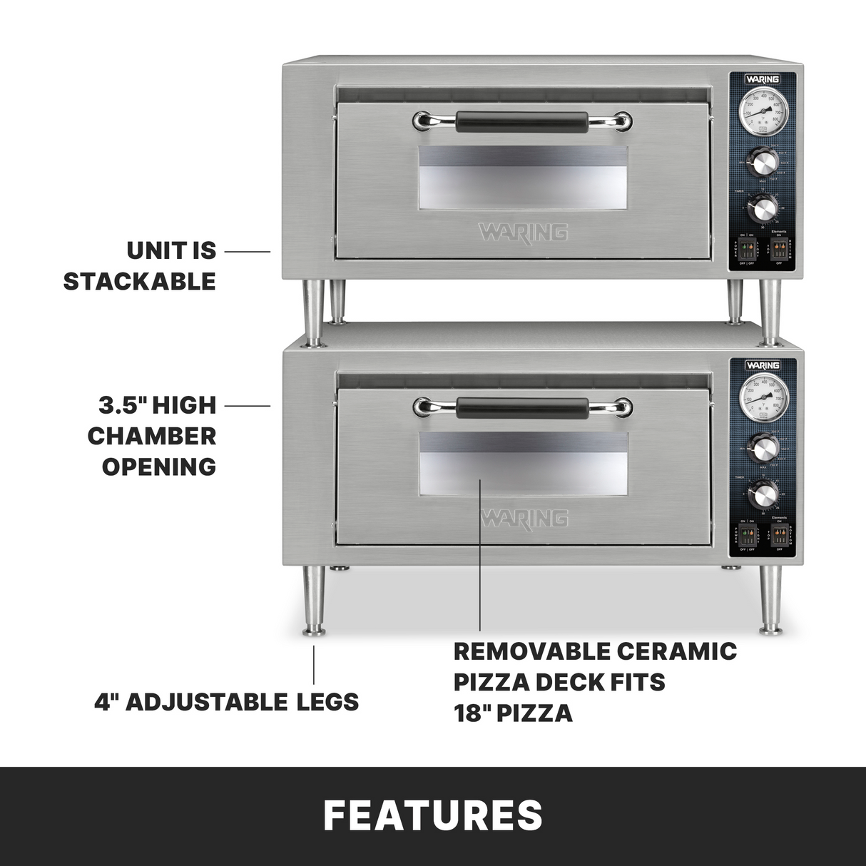 The Waring WPO500 is a versatile countertop pizza oven featuring two stacked stainless steel units with front doors, control panels on the right, a 3.5" chamber opening, adjustable legs, and a removable ceramic pizza deck for an 18" pizza.