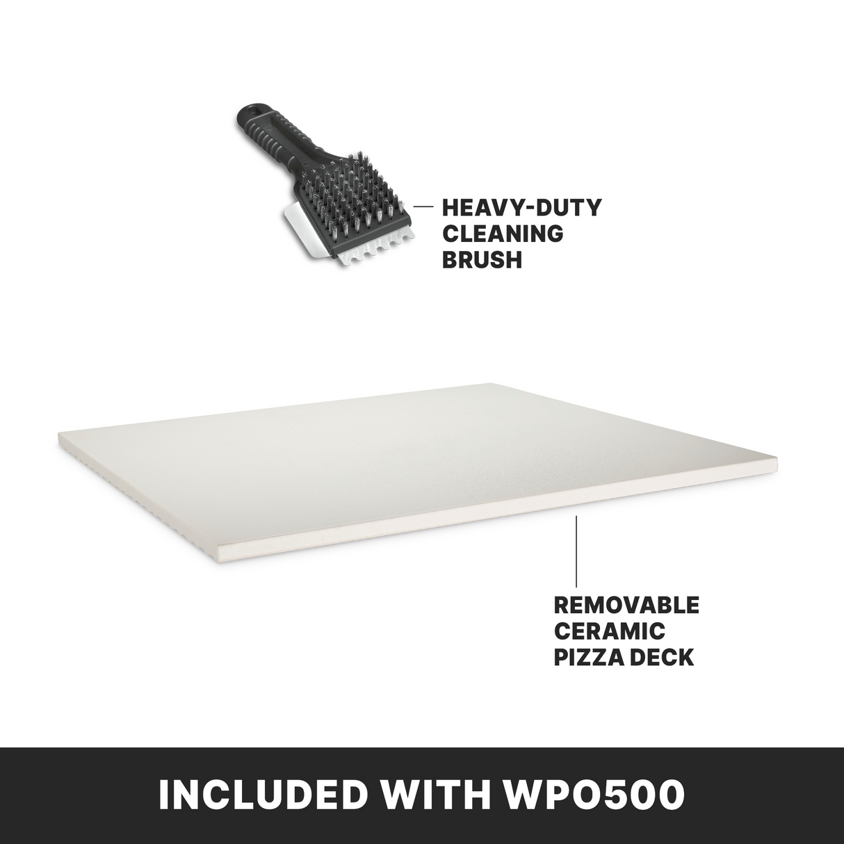 Image showing a heavy-duty cleaning brush and a removable ceramic pizza deck for the Waring WPO500 countertop pizza oven, both labeled. Below, a black banner reads INCLUDED WITH WP0500 in bold white text.