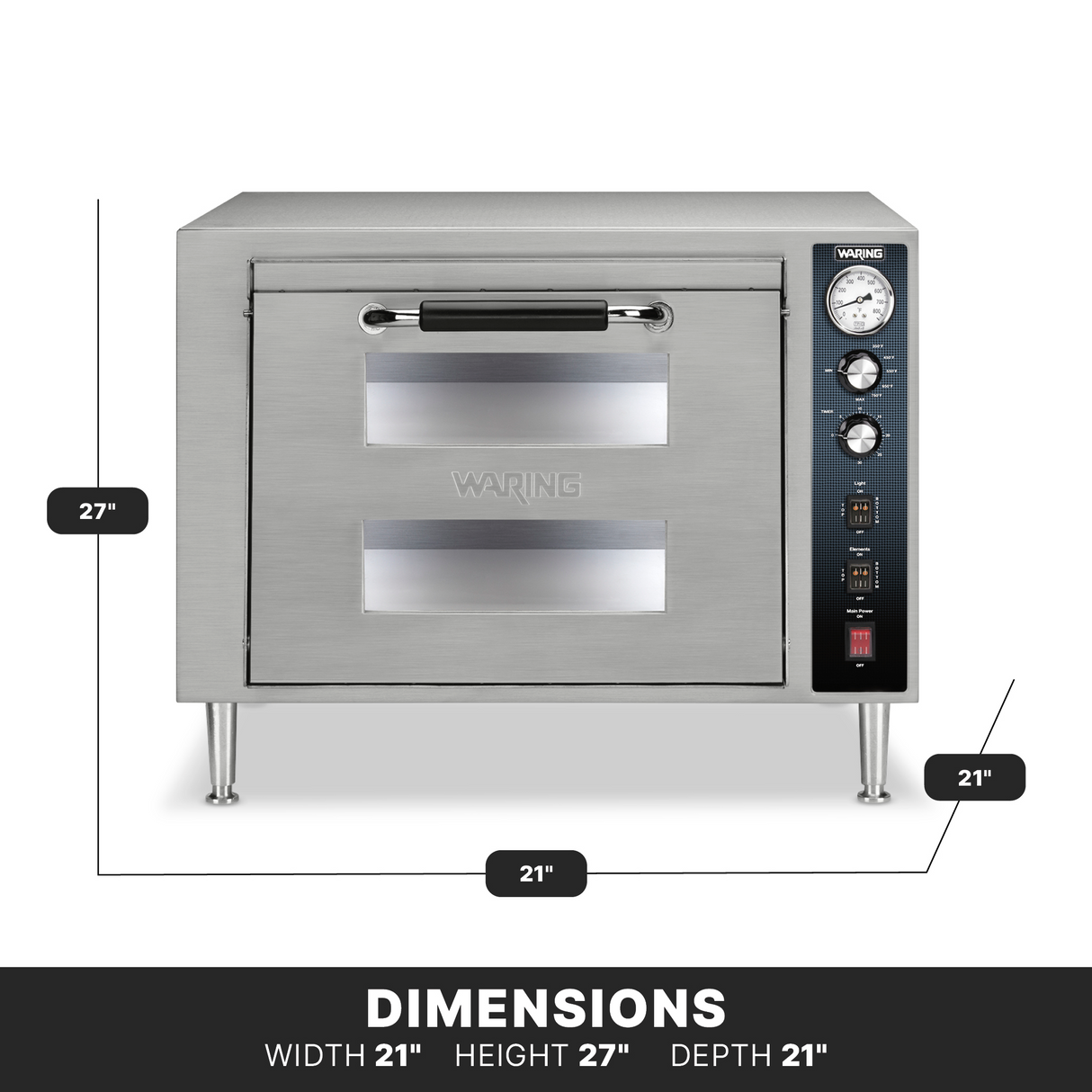 A stainless steel countertop pizza oven with two glass window panels on the door and control knobs on the right side. The oven stands on four metal legs. Dimensions shown: width 21, height 27, depth 21. DIMENSIONS is written below the image.